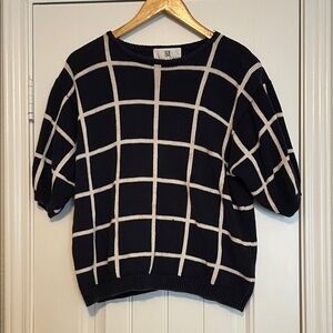 Navy and White  Grid Knit Short Sleeve Sweater